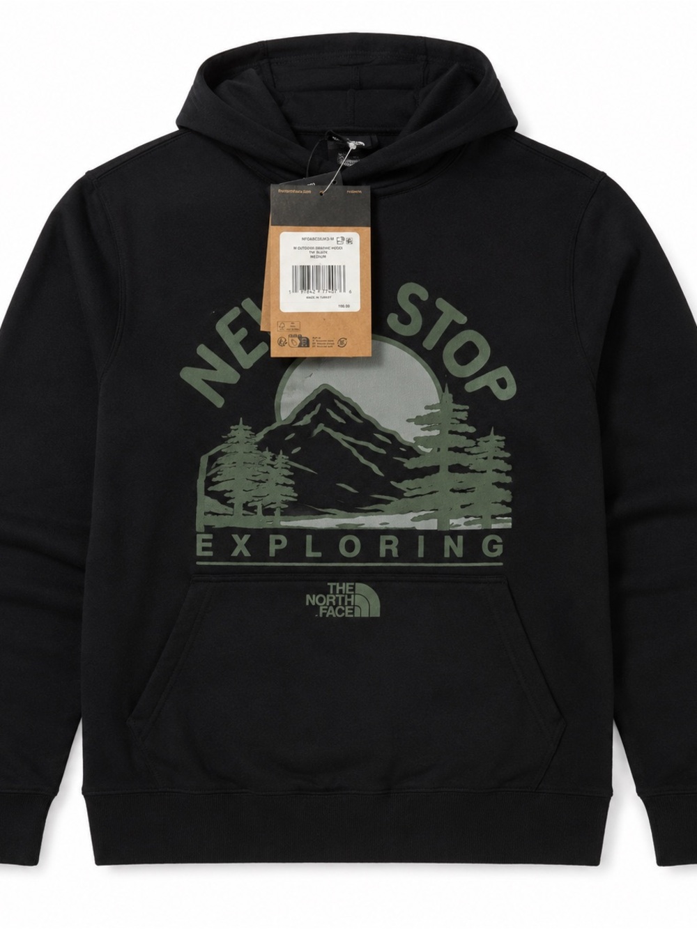 The North Face Men’s Black Hoodie with Green Graphic 'Never Stop Exploring'